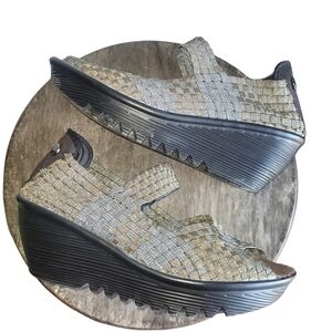 Bernie Mev Black and Gold Wedge Shoes